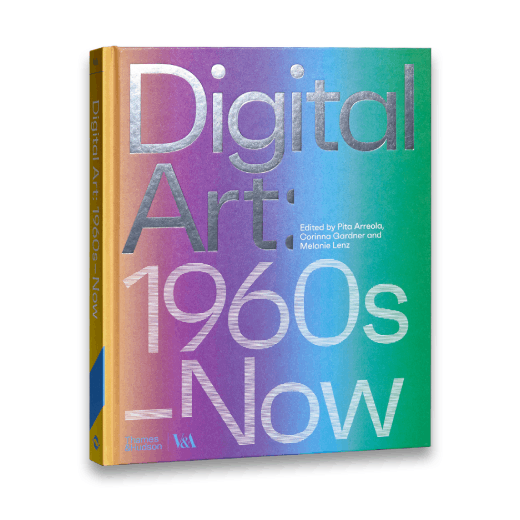 A thick hardback book in a striking rainbow toned cover with silver text
